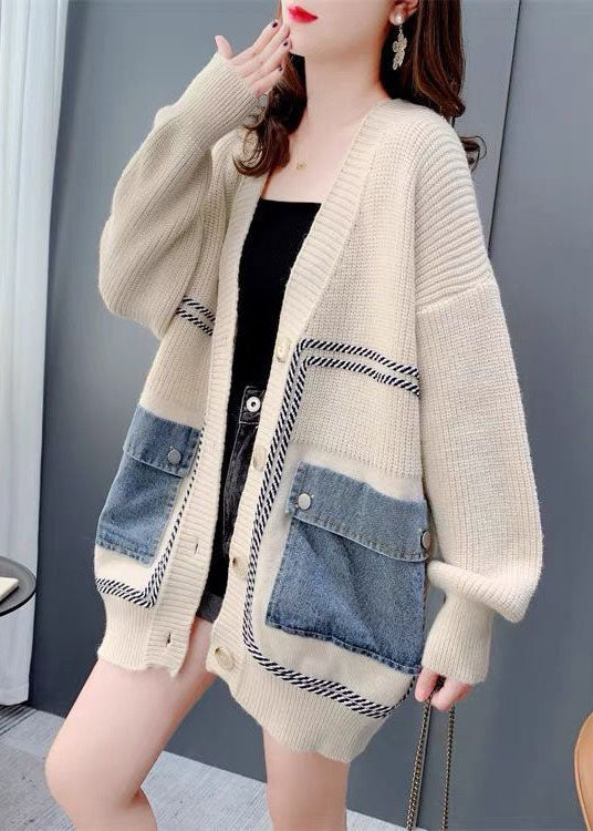 Bohemian Beige Oversized Denim Patchwork Knit Cardigan Winter