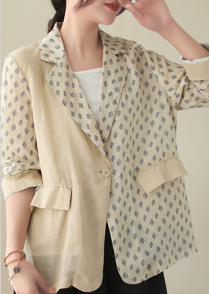 Bohemian Beige Peter Pan Collar Print Ramie Coats Long Sleeve