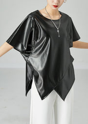 Bohemian Black Asymmetrical Patchwork Leather Tanks Short Sleeve