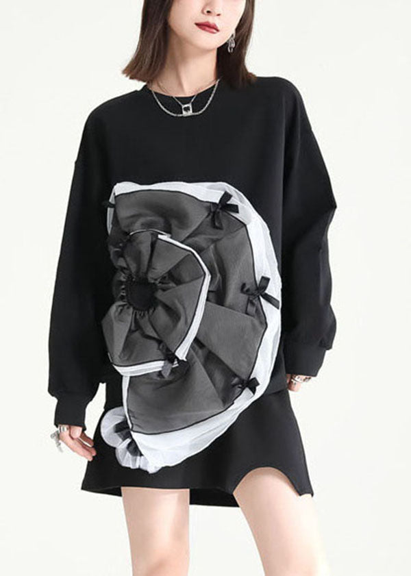 Bohemian Black Asymmetrical Patchwork Tulle Applique Cotton Sweatshirts Dress Fall