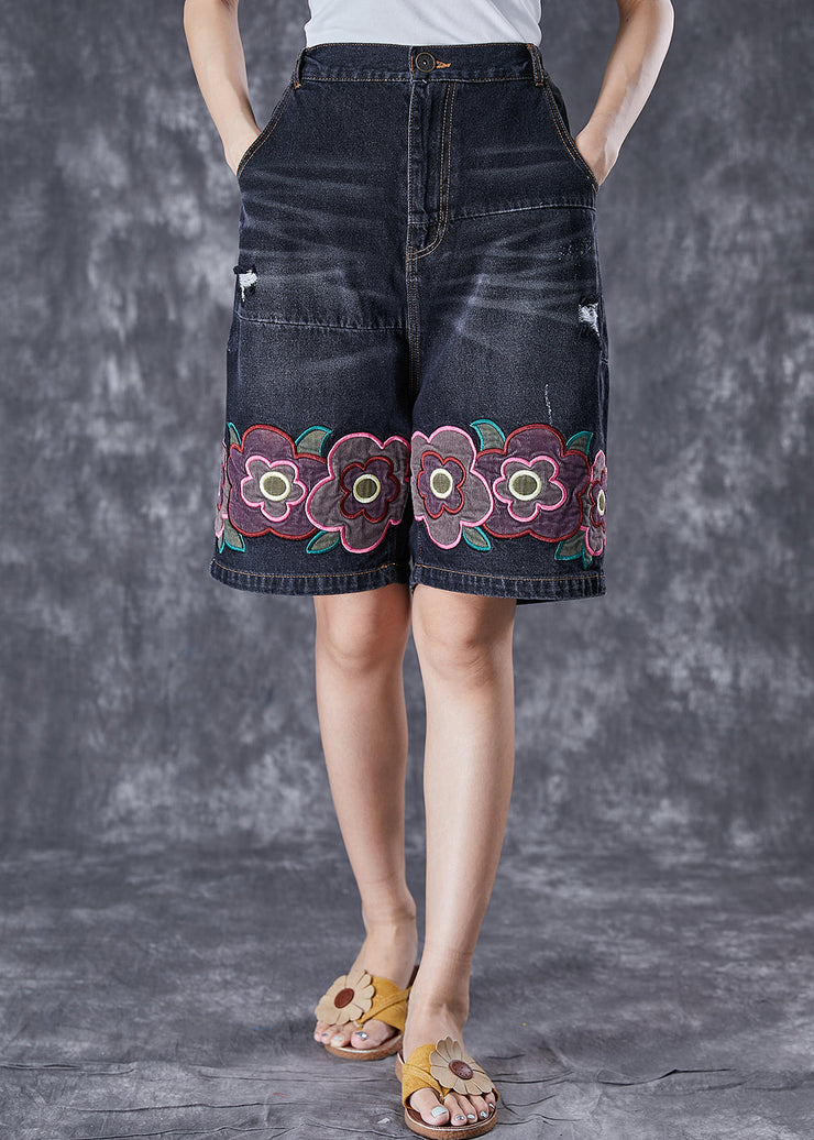 Bohemian Black Elastic Waist Embroideried Floral Denim Shorts Summer