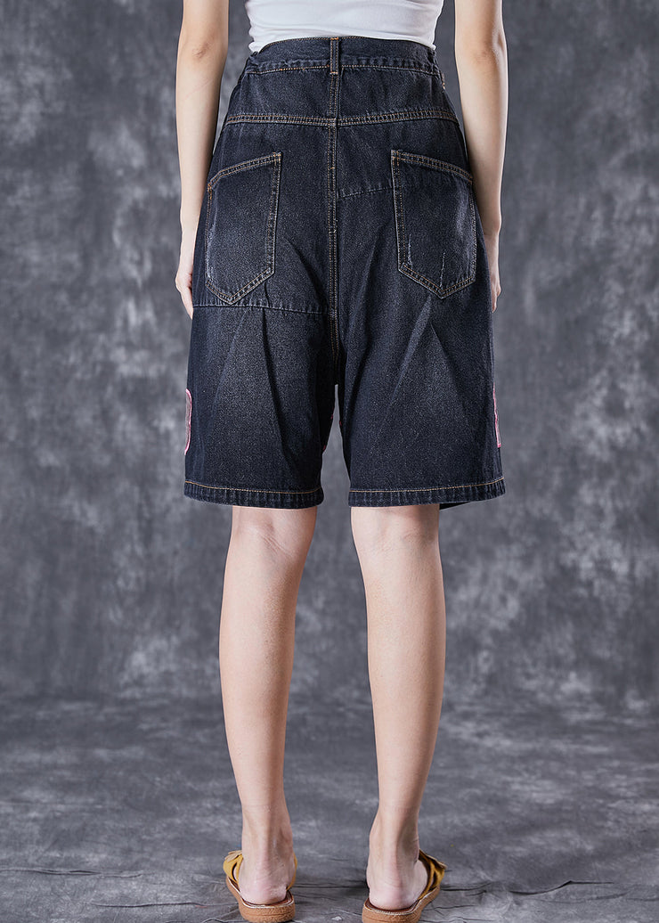 Bohemian Black Elastic Waist Embroideried Floral Denim Shorts Summer