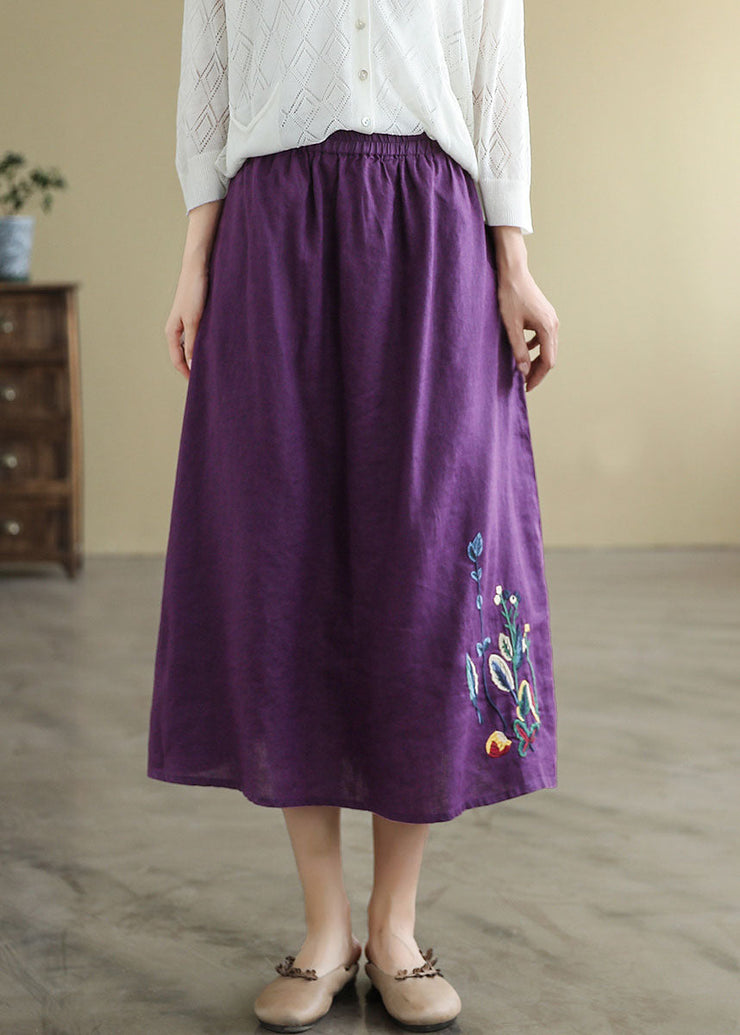 Bohemian Black Elastic Waist Embroideried Linen A Line Skirts Spring