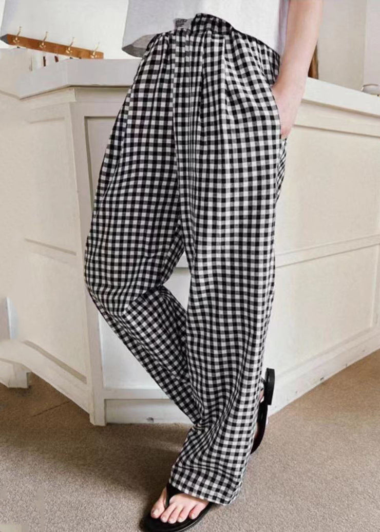 Bohemian Black Elastic Waist Plaid Linen Wide Leg Pants Spring