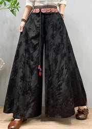 Bohemian Black Embroidered Patchwork Silk Wide Leg Pants Spring