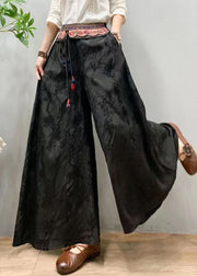 Bohemian Black Embroidered Patchwork Silk Wide Leg Pants Spring