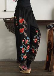 Bohemian Black Embroideried Elastic Waist Pockets Cotton Lantern Pants Spring