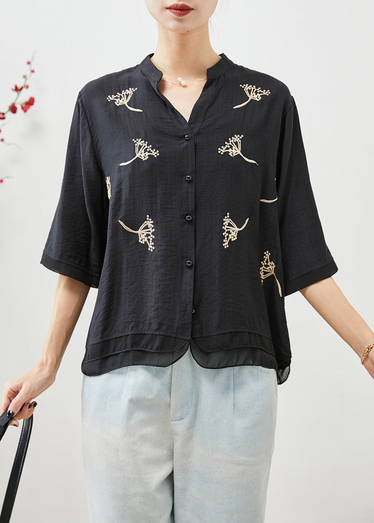 Bohemian Black Embroideried Patchwork Linen Shirt Top Half Sleeve