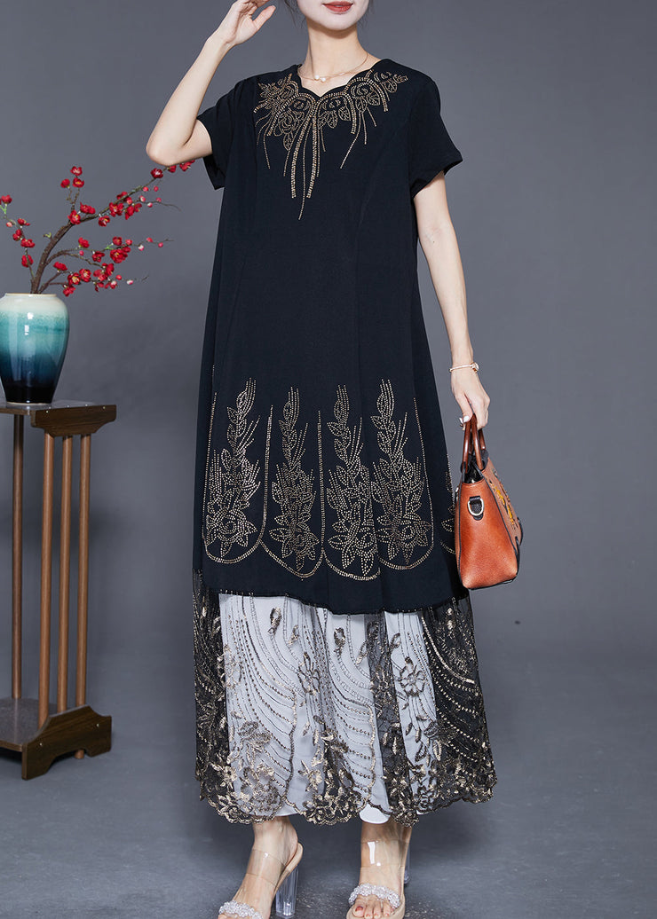 Bohemian Black Embroideried Tulle Patchwork Zircon Cotton Dress Summer