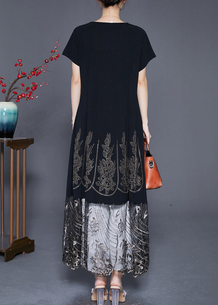 Bohemian Black Embroideried Tulle Patchwork Zircon Cotton Dress Summer