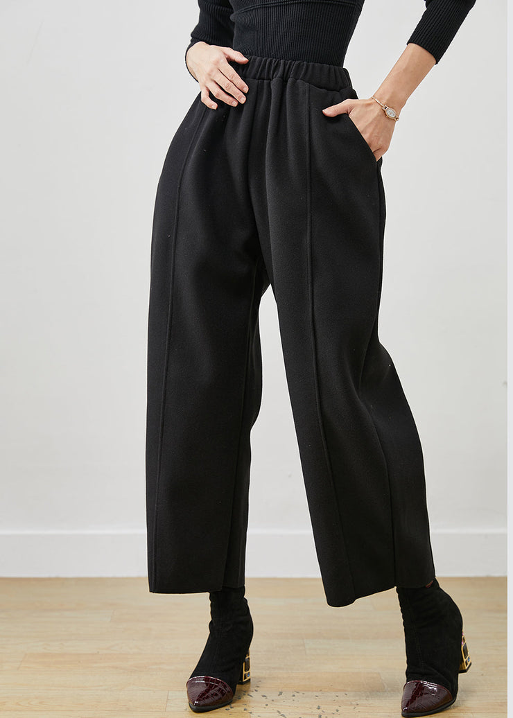 Bohemian Black Oversized Elastic Waist Woolen Crop Pants Spring