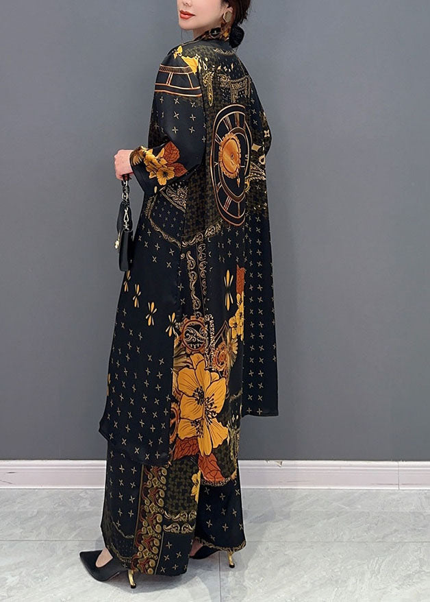 Bohemian Black Oversized Print Chiffon Long Shirt And Wide Leg Pant Two Piece Set Spring