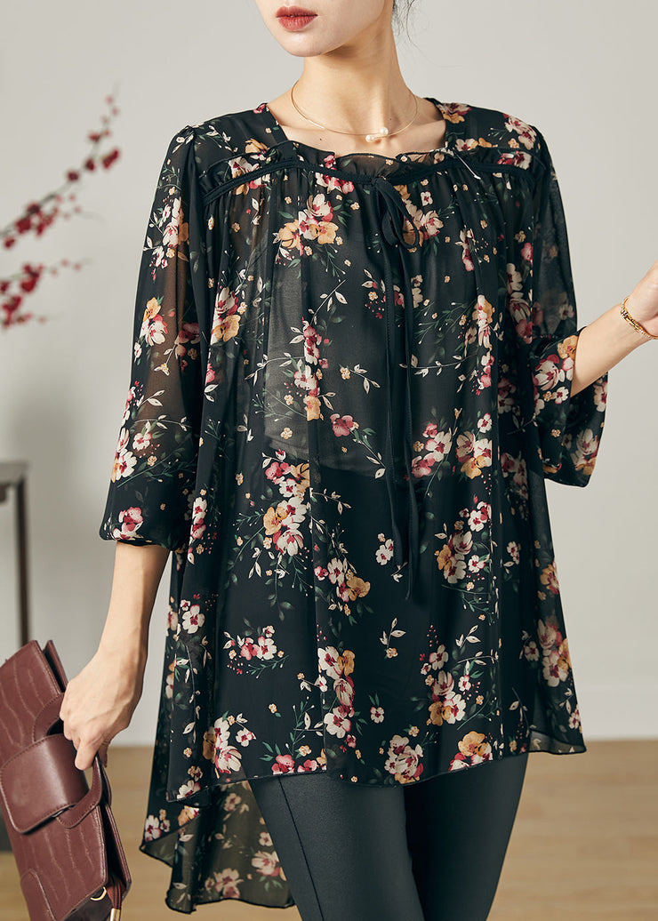 Bohemian Black Oversized Print Chiffon Shirt Summer