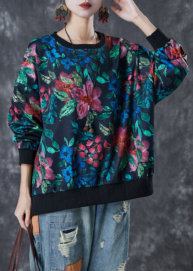 Bohemian Black Oversized Print Cotton Sweatshirts Top Spring