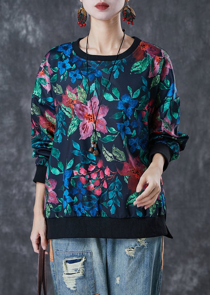 Bohemian Black Oversized Print Cotton Sweatshirts Top Spring