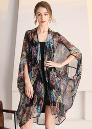 Bohemian Black Oversized Print Hollow Out Tulle Cardigan Summer