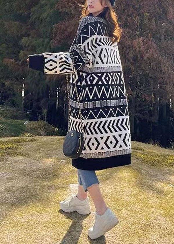 Bohemian Black Oversized Print Thick Knit Loose Cardigan Winter