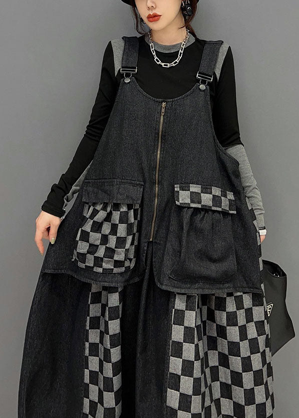 Bohemian Black Patchwork Cotton Denim Strap Dresses Spring