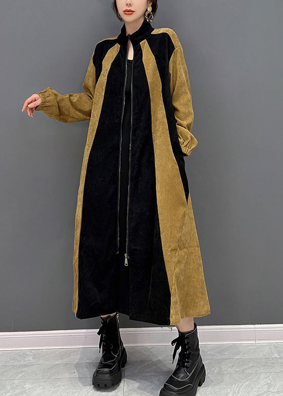 Bohemian Black Patchwork Yellow Zippered Long Coat Spring