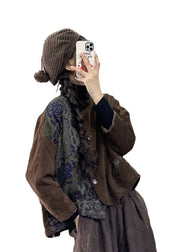 Bohemian Black Print Asymmetrical Corduroy Fine Cotton Filled Jacket Winter