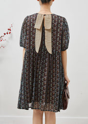 Bohemian Black Puff Sleeve Print Chiffon Holiday Dress