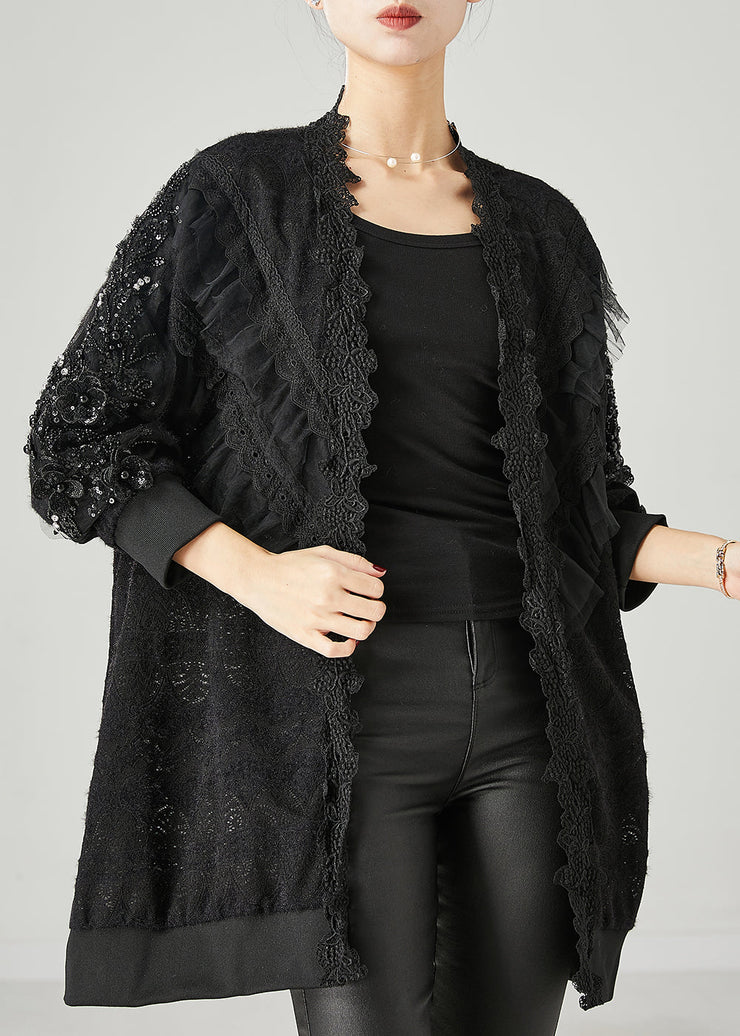 Bohemian Black Ruffled Nail Bead Lace Cardigan Spring