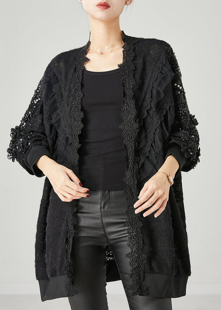 Bohemian Black Ruffled Nail Bead Lace Cardigan Spring