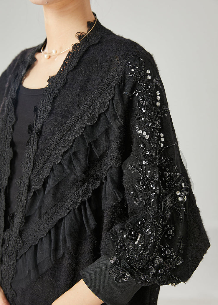 Bohemian Black Ruffled Nail Bead Lace Cardigan Spring