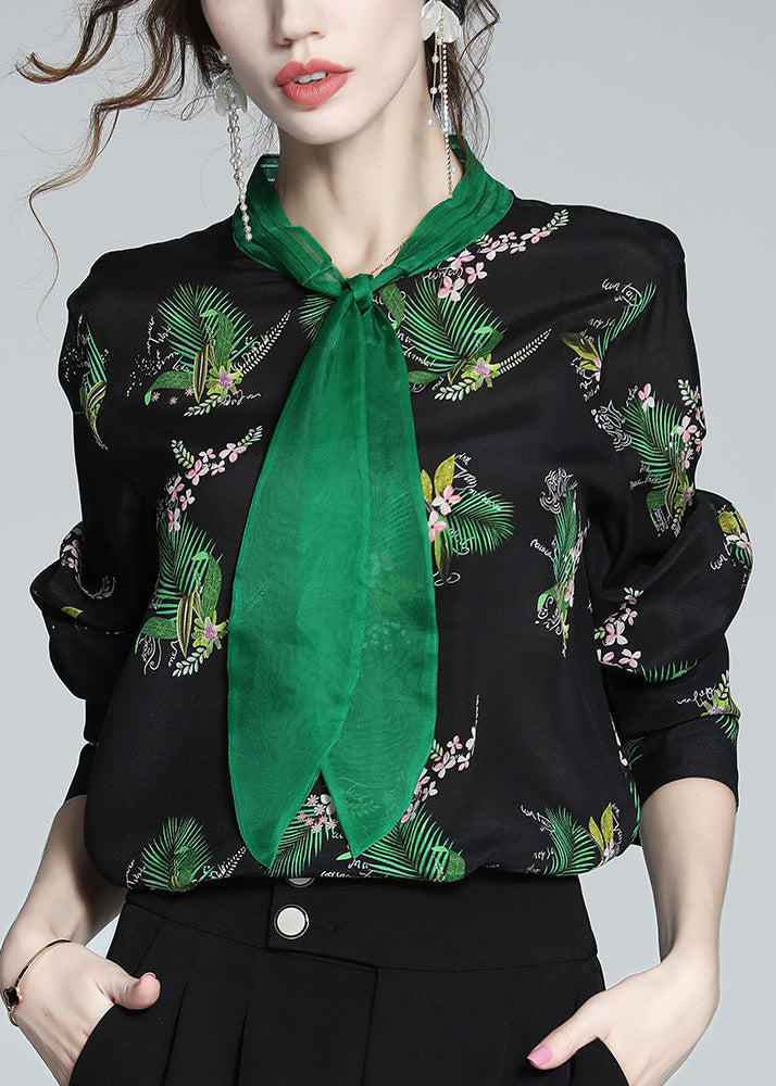 Bohemian Black Stand Collar Print Silk Shirt Spring