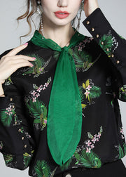 Bohemian Black Stand Collar Print Silk Shirt Spring