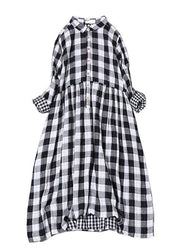 Bohemian Black White Plaid PeterPan Collar Pockets Button Fall Patchwork Dresses - SooLinen