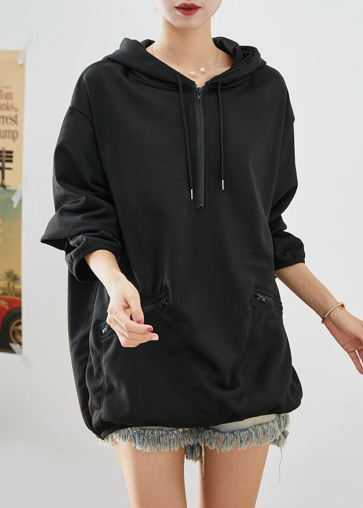 Bohemian Black Zip Up Hooded Oversized Cotton Sweatshirts Top Fall