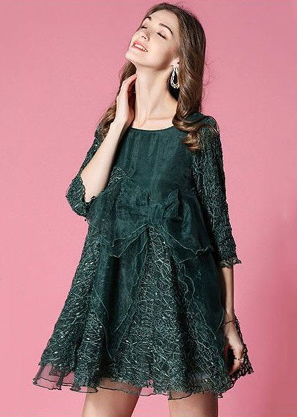 Bohemian Blackish Green Bow Patchwork Organza Vacation Dress Half Sleeve