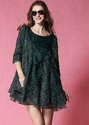 Bohemian Blackish Green Bow Patchwork Organza Vacation Dress Half Sleeve