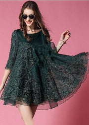 Bohemian Blackish Green Bow Patchwork Organza Vacation Dress Half Sleeve