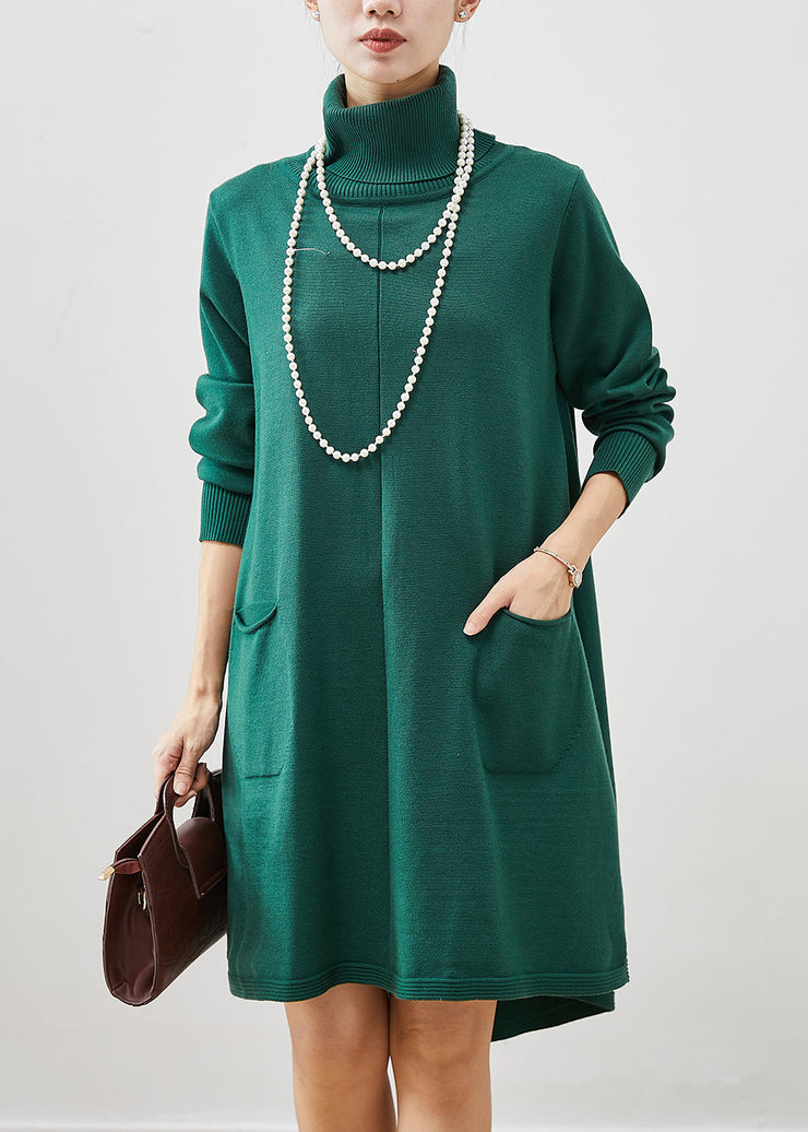 Bohemian Blackish Green High Neck Pockets Cotton A Line Dresses Spring