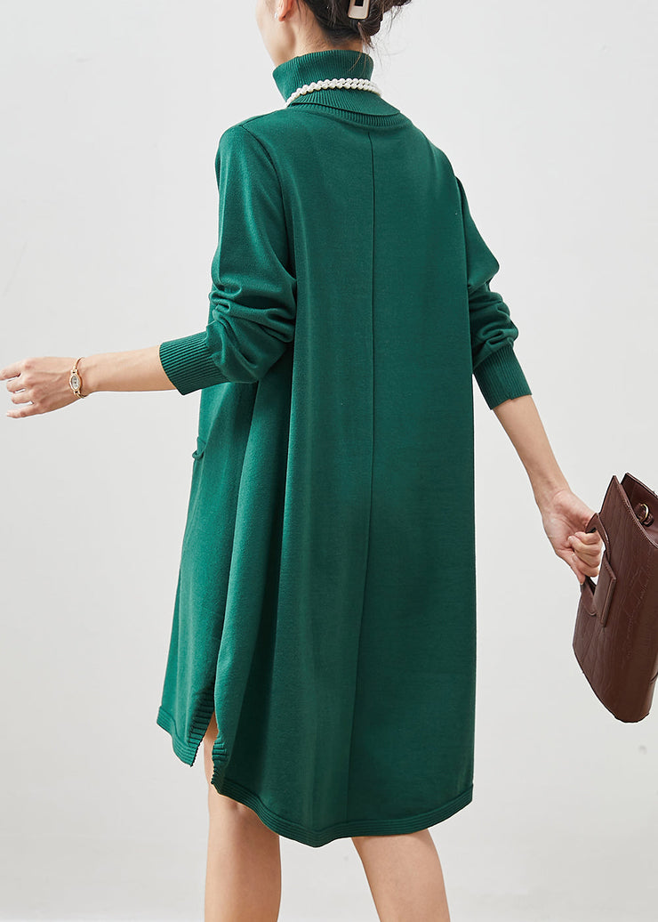 Bohemian Blackish Green High Neck Pockets Cotton A Line Dresses Spring