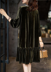 Bohemian Blackish Green Ruffled Patchwork Silk Velour Maxi Dresses Winter