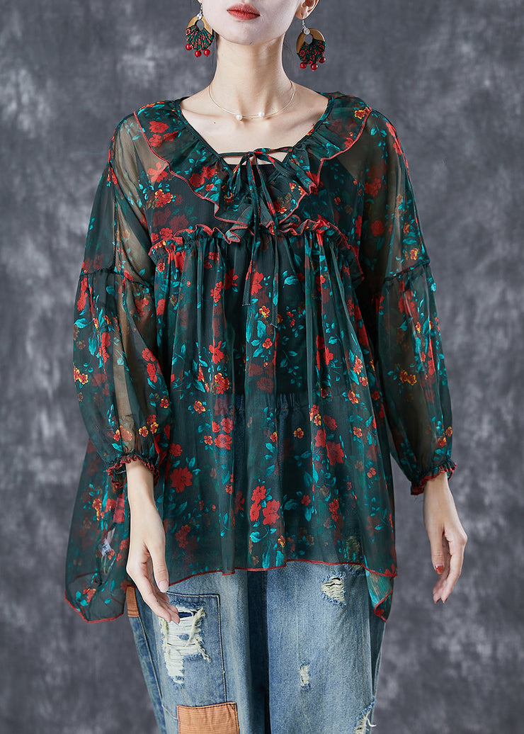 Bohemian Blackish Green Ruffled Print Chiffon Blouses Summer