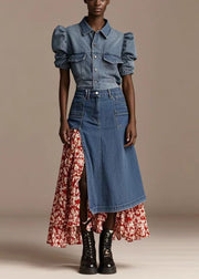 Bohemian Blue Asymmetrical Patchwork Print Denim Skirt Spring