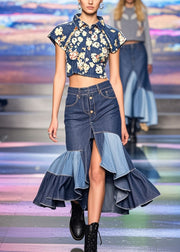 Bohemian Blue Asymmetrical Patchwork Ruffles Denim Wraped Skirts Spring