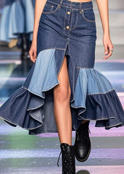 Bohemian Blue Asymmetrical Patchwork Ruffles Denim Wraped Skirts Spring