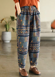 Bohemian Blue Elastic Waist Pockets Print Cotton Denim Harem Pants Fall