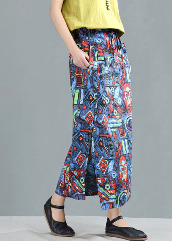 Bohemian Blue Elastic Waist Pockets Print Linen A Line Skirt Summer