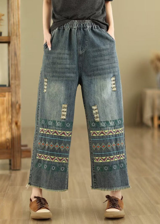 Bohemian Blue Embroidered Pockets Denim Wide Leg Pants Spring