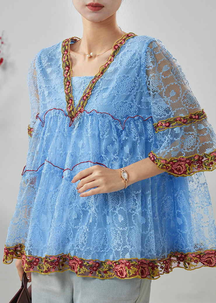 Bohemian Blue Embroidered Ruffled Lace Shirt Summer