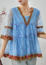 Bohemian Blue Embroidered Ruffled Lace Shirt Summer