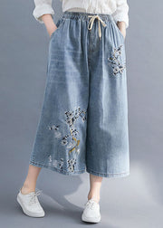 Bohemian Blue Embroideried Pockets Patchwork Denim Wide Leg Pants Summer