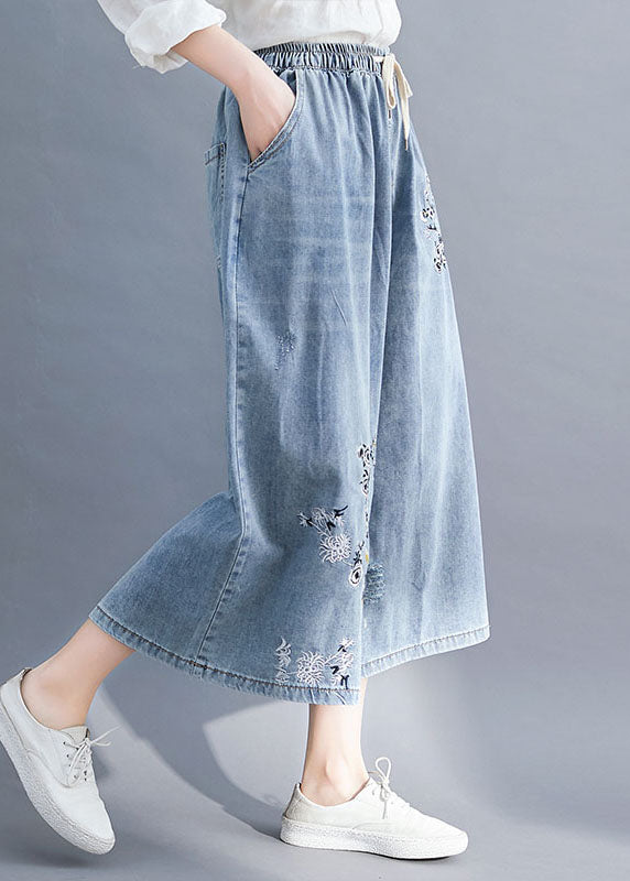 Bohemian Blue Embroideried Pockets Patchwork Denim Wide Leg Pants Summer