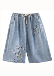 Bohemian Blue Embroideried Pockets Patchwork Denim Wide Leg Pants Summer